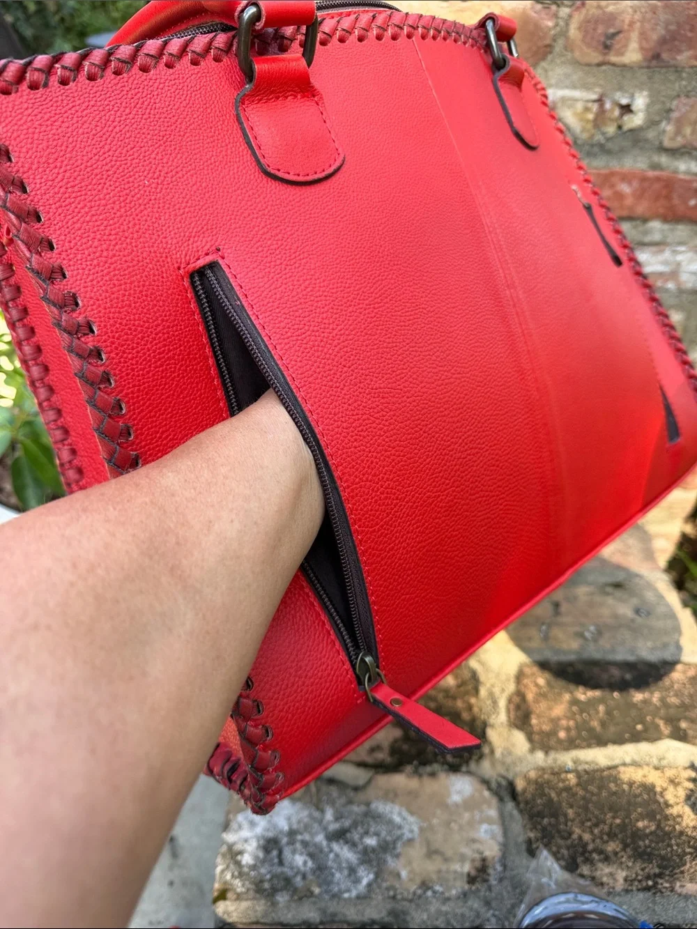 Women's Red Tooled Leather Tote with Hair-on-Hide Accents